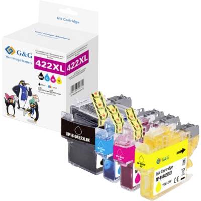 Confezione multipla di 'G&G Ink Cartridge 422XL' con cartucce in primo piano nei colori nero, ciano, magenta e giallo, con la scatola della confezione sullo sfondo.