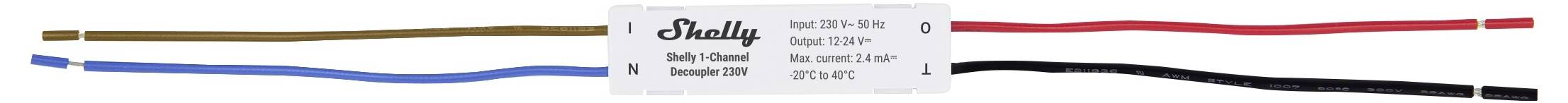 Un ricevitore telecomando per ventilatore da soffitto a quattro fili con fili etichettati: marrone, rosso, blu e nero, ciascuno indicante connessioni specifiche.