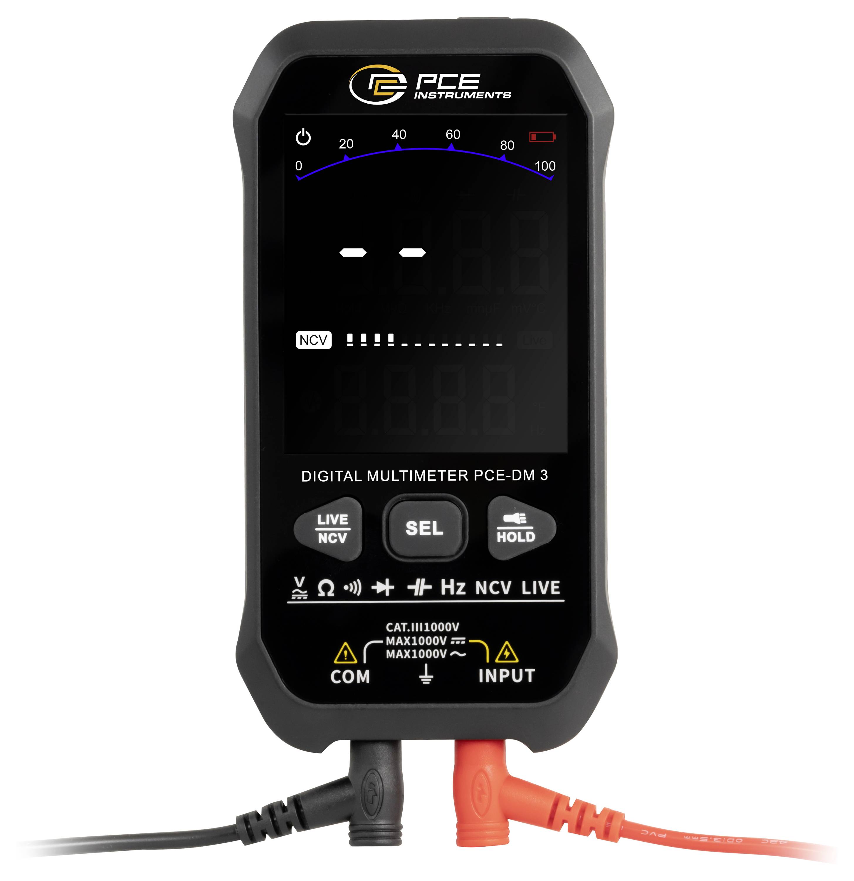 Multimetro digitale che mostra un display digitale vuoto, con pulsanti SEL, HOLD e LIVE/NCV e sonde inserite nelle porte COM e INPUT.