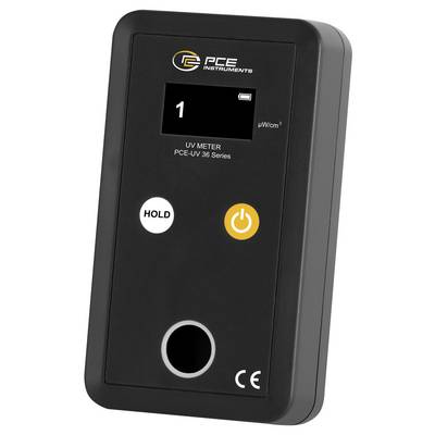 Misuratore UV PCE portatile che mostra una lettura di 1 μW/cm², con pulsanti Hold e accensione sulla parte anteriore.