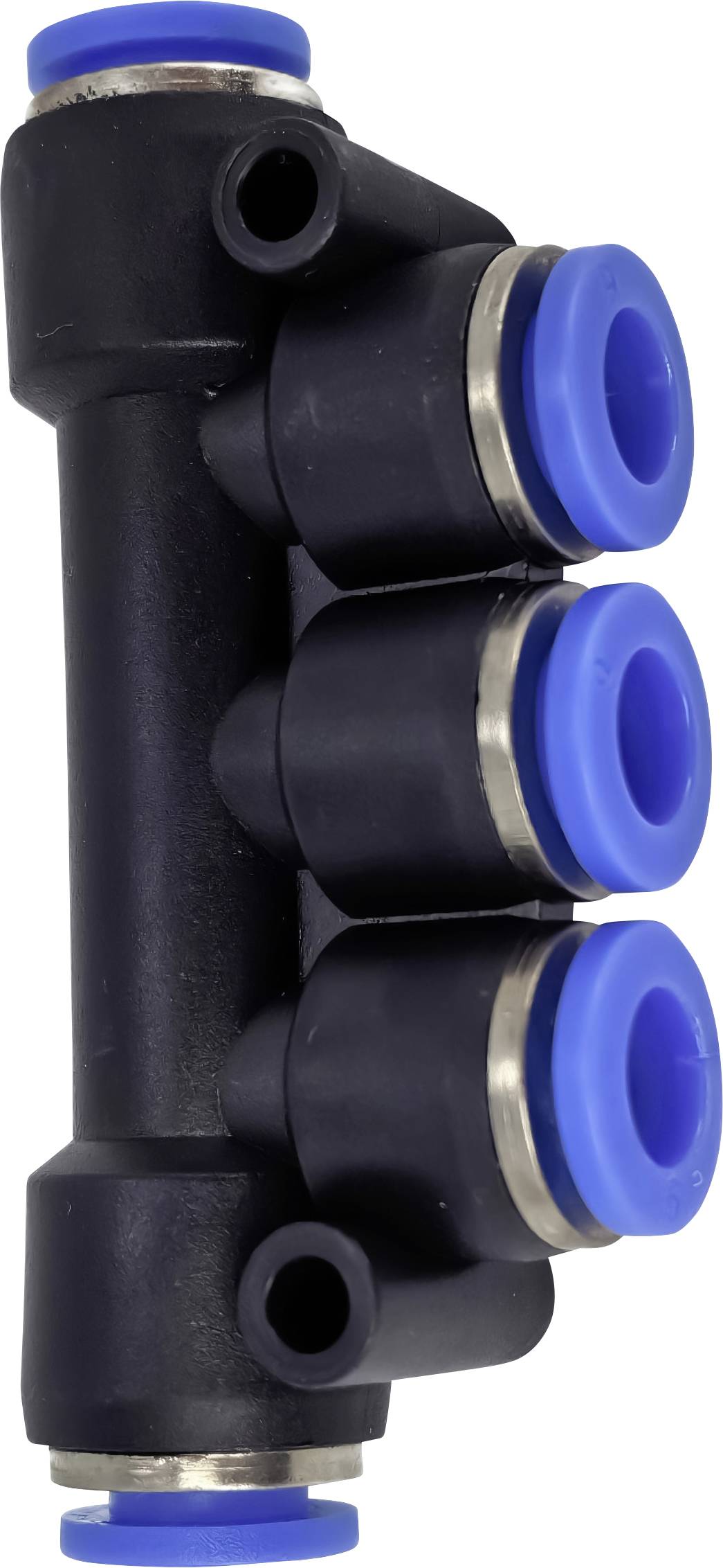 Collettore pneumatico in plastica nera con tre porte a innesto rapido blu e estremità superiore e inferiore coperte, mostrato su sfondo bianco.