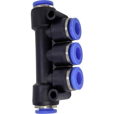 Collettore pneumatico in plastica nera con tre porte a innesto rapido blu e estremità superiore e inferiore coperte, mostrato su sfondo bianco.