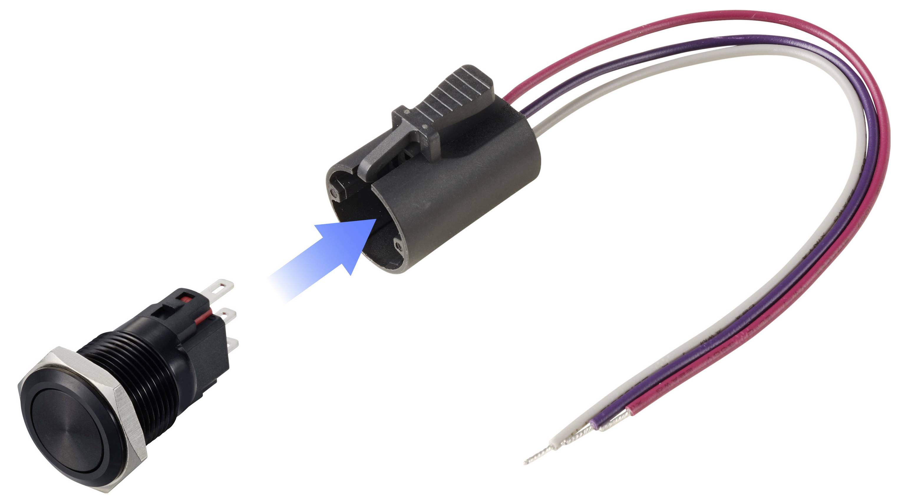Un interruttore a pulsante con connettori metallici esposti adiacenti a un alloggiamento di connettore nero compatibile con tre fili, indicato da una freccia.