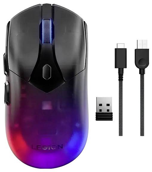 Un mouse da gaming con illuminazione RGB, cavo USB-C e adattatore wireless USB, etichettato 'Legion'.