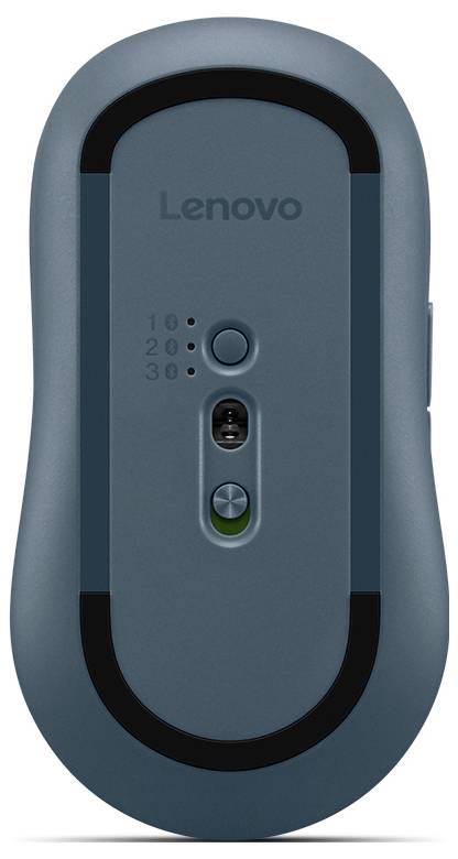Un mouse per computer Lenovo grigio che mostra le impostazioni DPI regolabili sul fondo, contrassegnate come 10, 20, 30 sopra un pulsante.