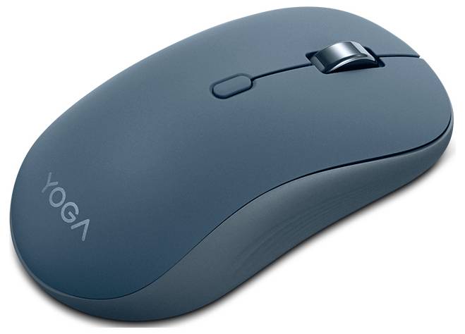 Un elegante mouse wireless per computer blu scuro con rotella di scorrimento. Il nome del marchio "Yoga" è stampato sul lato in grigio chiaro.