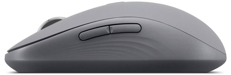 Un elegante mouse per computer grigio con pulsanti laterali per una funzionalità migliorata, visto di lato.