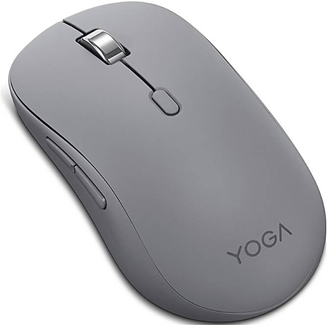 Un elegante mouse wireless grigio con la parola 'Yoga' stampata, dotato di rotella di scorrimento e pulsanti laterali, progettato per un uso confortevole.