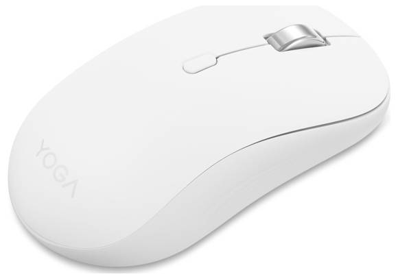 Un elegante mouse wireless bianco per computer con rotella di scorrimento, etichettato 'YOGA,' progettato per un uso ergonomico ed estetiche moderne.