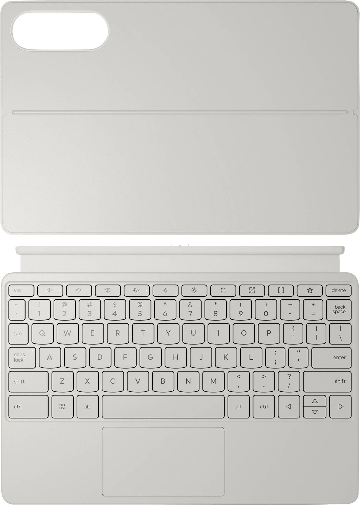 Una tastiera grigia rimovibile e custodia per tablet. La tastiera dispone di tasti funzione e un touchpad. La custodia è dotata di un'apertura per la fotocamera.