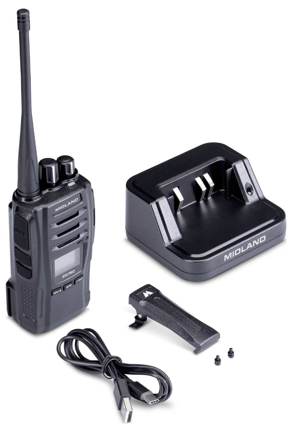 Radio bidirezionale con antenna, base di ricarica etichettata 'Midland', clip da cintura, cavo USB e viti. Ideale per comunicazioni portatili.