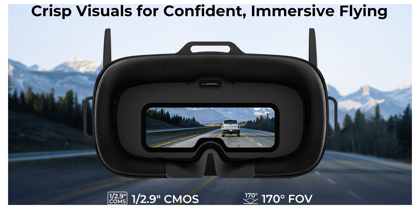 Annunci pubblicitari per occhiali FPV che mostrano una strada vista attraverso il display, con il testo "Immagini Nitide per un Volo Immersivo e Consapevole" e specifiche "1/2.9" CMOS" e "170° Campo Visivo".