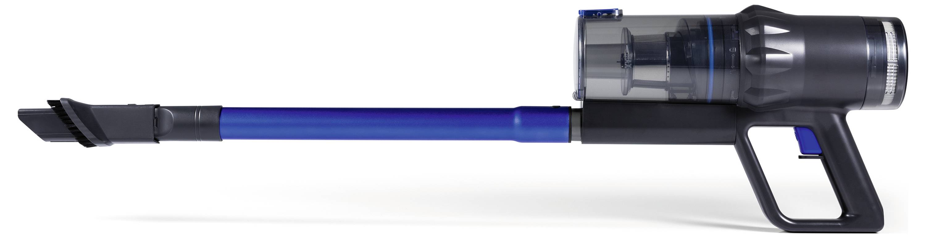 Aspirapolvere senza fili con un lungo tubo di estensione blu staccabile e ugello rimovibile, progettato per l'uso manuale in varie attività di pulizia.