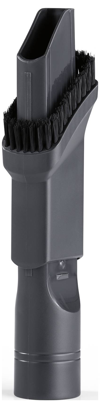 Un accessorio per aspirapolvere grigio con un ugello stretto e setole laterali per la pulizia di spazi stretti e per spazzolare le superfici.