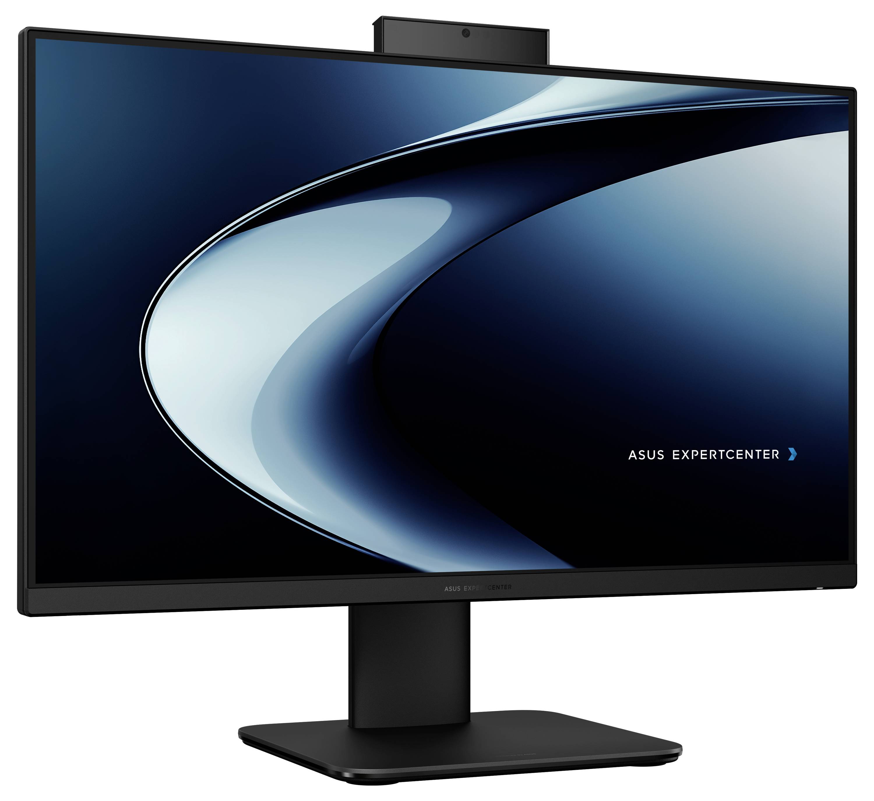 Un elegante monitor per computer che mostra un design di onda digitale sullo schermo, con il testo "ASUS ExpertCenter", installato su un supporto nero.