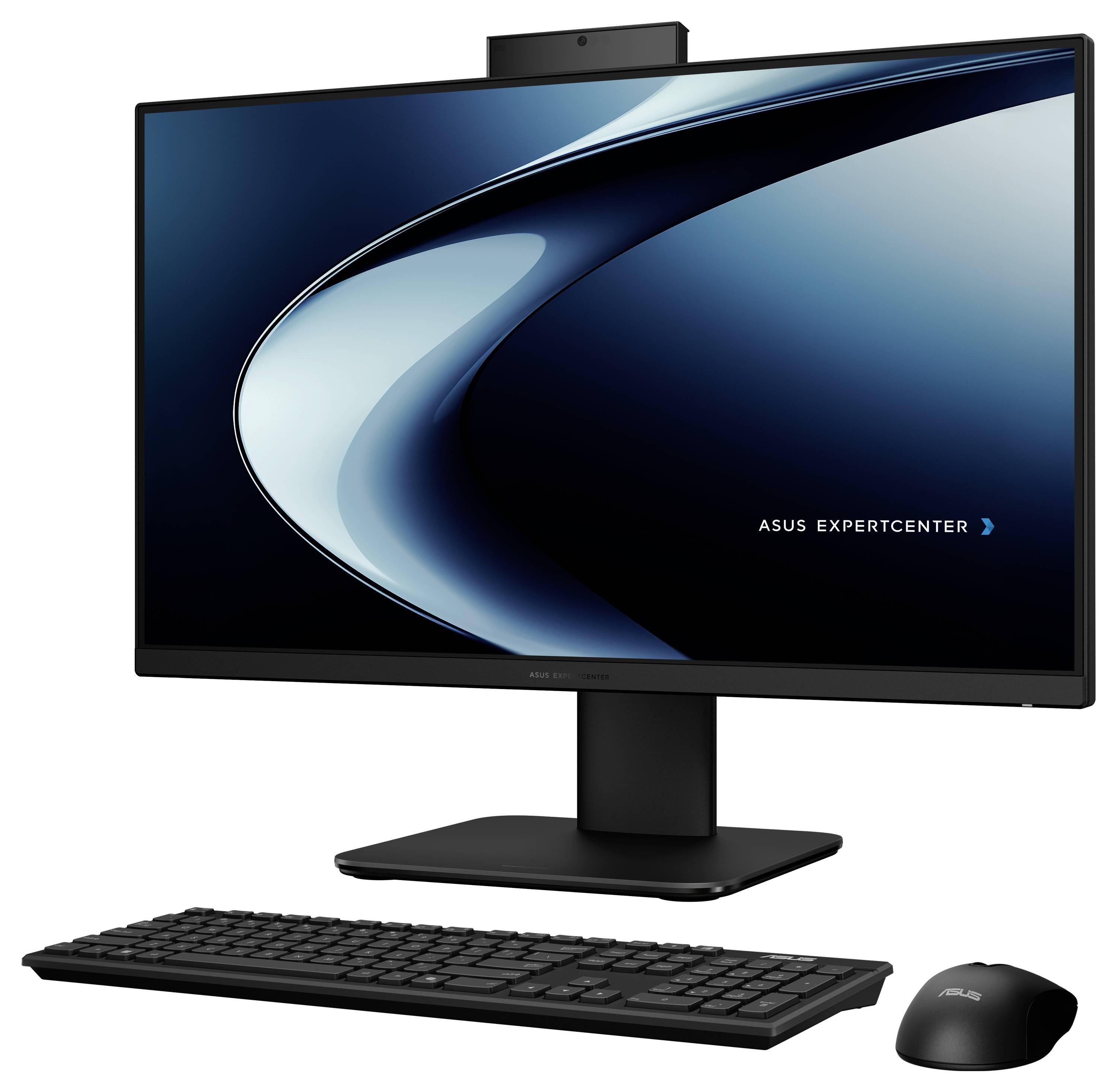Una moderna configurazione di computer desktop con un monitor panoramico, tastiera e mouse, marchiato come 'Asus ExpertCenter'.