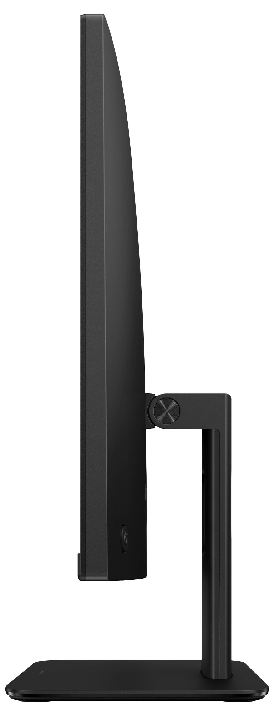 Vista laterale di un moderno monitor per computer sottile con supporto rettangolare.