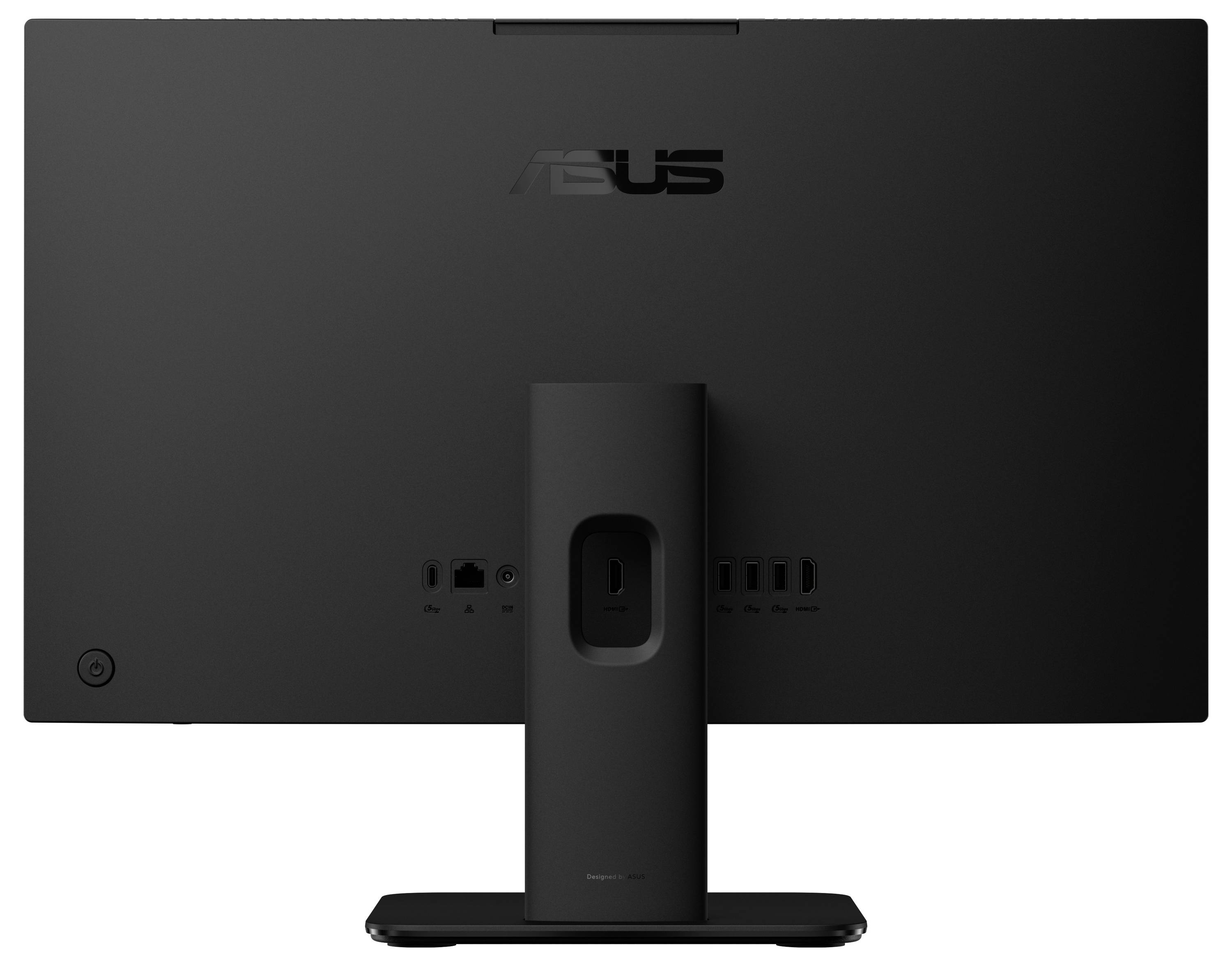 Un monitor per computer nero visto da dietro, che mostra le porte e un supporto regolabile, con il logo del marchio in alto.