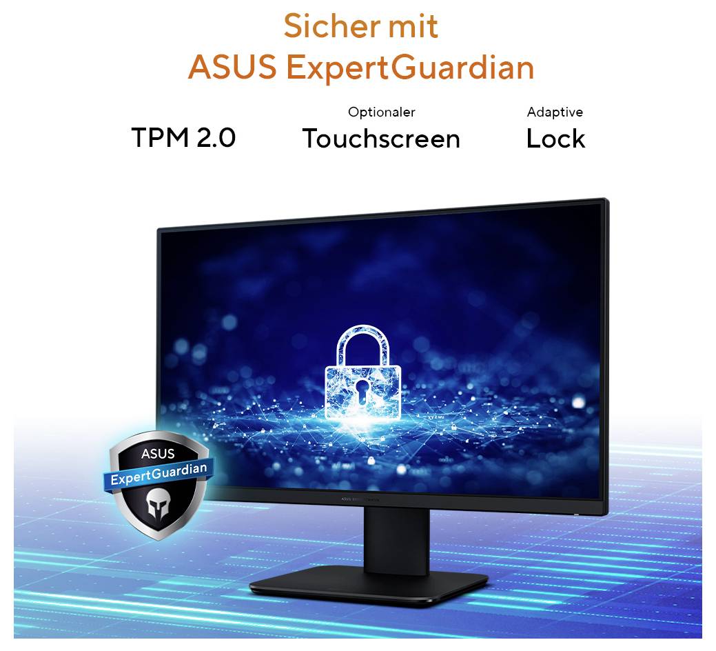 Un monitor del computer mostra un simbolo di sicurezza sul display. Sopra di esso è scritto "Sicuro con ASUS ExpertGuardian" in arancione.