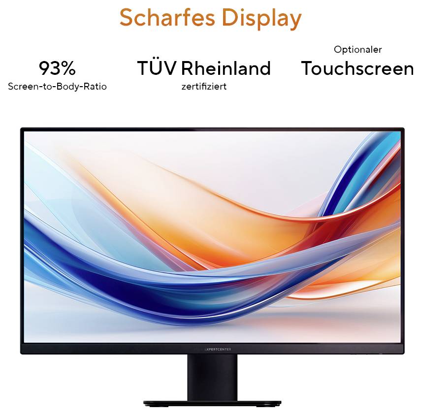 „Display Nitido": Monitor con rapporto schermo-corpo del 93%, certificato TÜV Rheinland. Touchscreen opzionale. Sfondo colorato.