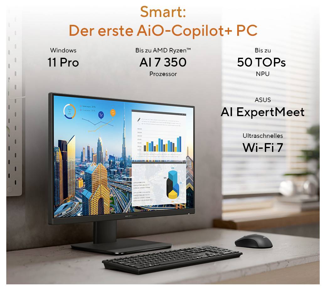 Uno schermo con vista urbana e grafica, pubblicizzato come "Il primo PC Copilot+ AiO" con Windows 11, AMD Ryzen™ AI 7 350, NPU da 50 TOPS.