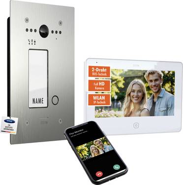 m-e modern-electronics ALL-VF10S-M7W-IPS Video citofono WLAN, 2 fili Acciaio inox (spazzolato), Bianco