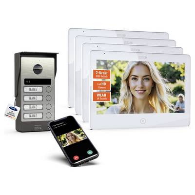 'Sistema di videocitofono con unità esterna, quattro monitor interni che mostrano una donna sorridente, e uno smartphone che visualizza una videochiamata con lei.'