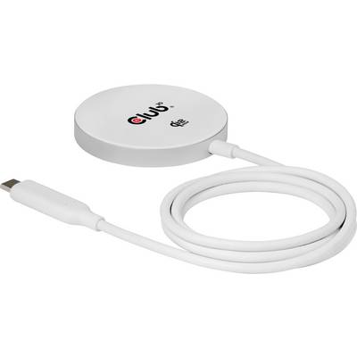 Un caricabatterie wireless bianco circolare con cavo USB-C collegato. La superficie del caricabatterie mostra un logo e supporta la ricarica wireless 'Qi'.