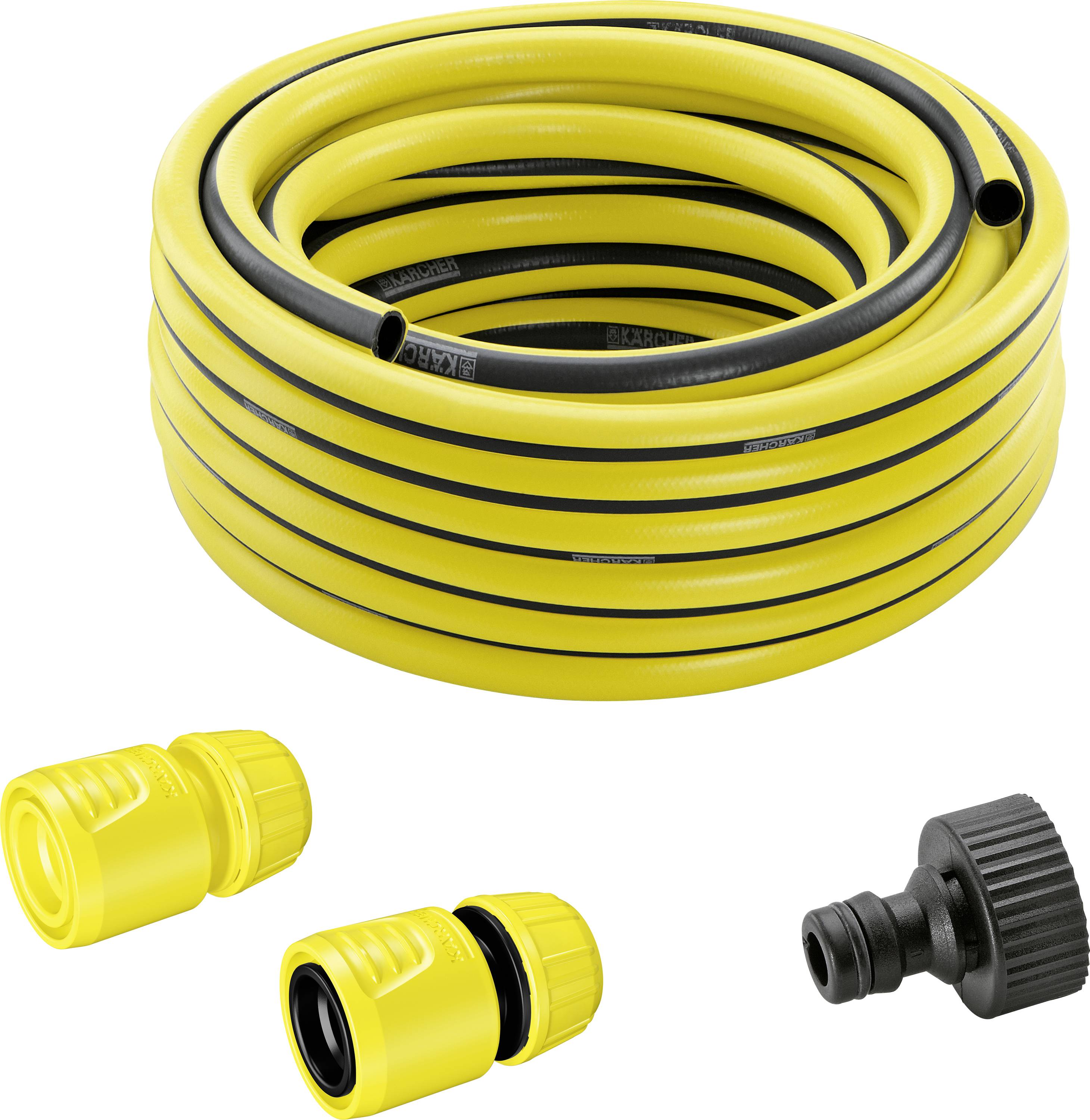 Un tubo da giardino giallo arrotolato con strisce nere è mostrato insieme a due raccordi per tubo e un adattatore.