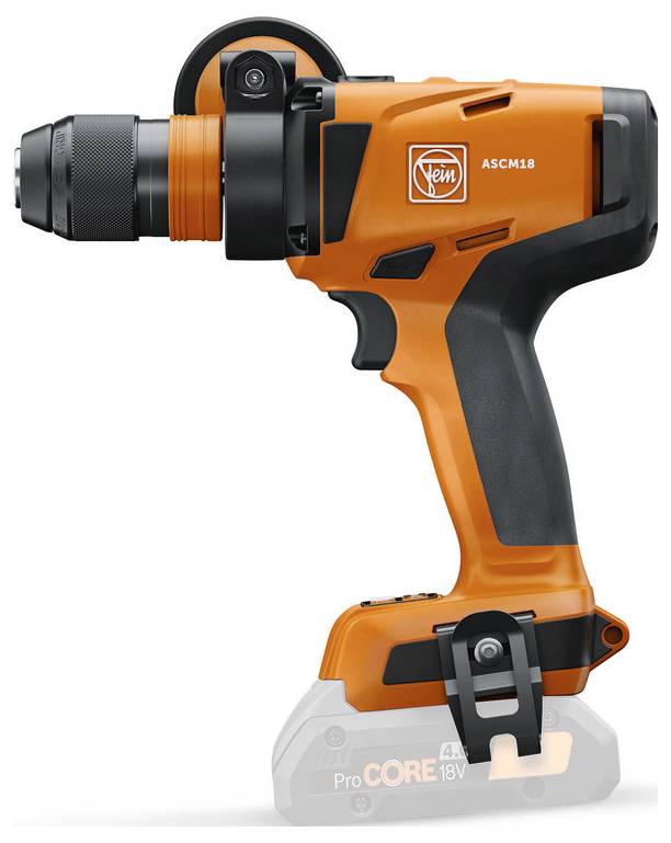 'Un trapano a percussione cordless arancione e nero etichettato ASCM18, caratterizzato da un design compatto con impugnatura ergonomica.'