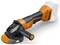 Un smerigliatrice angolare senza fili arancione e nera con disco e impugnatura ergonomica, che mostra il logo del marchio sul lato.