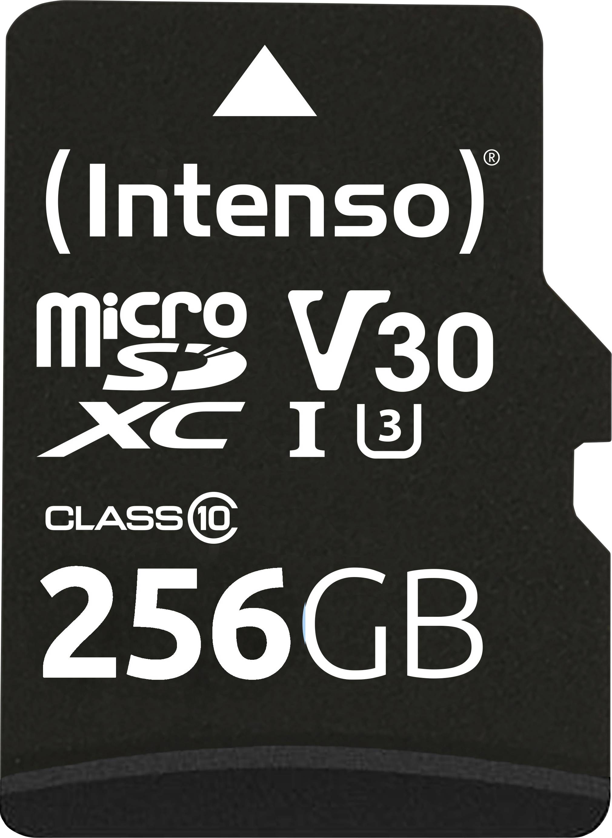 Scheda di memoria microSDXC marca 'Intenso' da 256GB, Classe 10, V30, UHS-I U3, con sfondo nero e testo bianco.