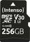 Scheda di memoria microSDXC marca 'Intenso' da 256GB, Classe 10, V30, UHS-I U3, con sfondo nero e testo bianco.