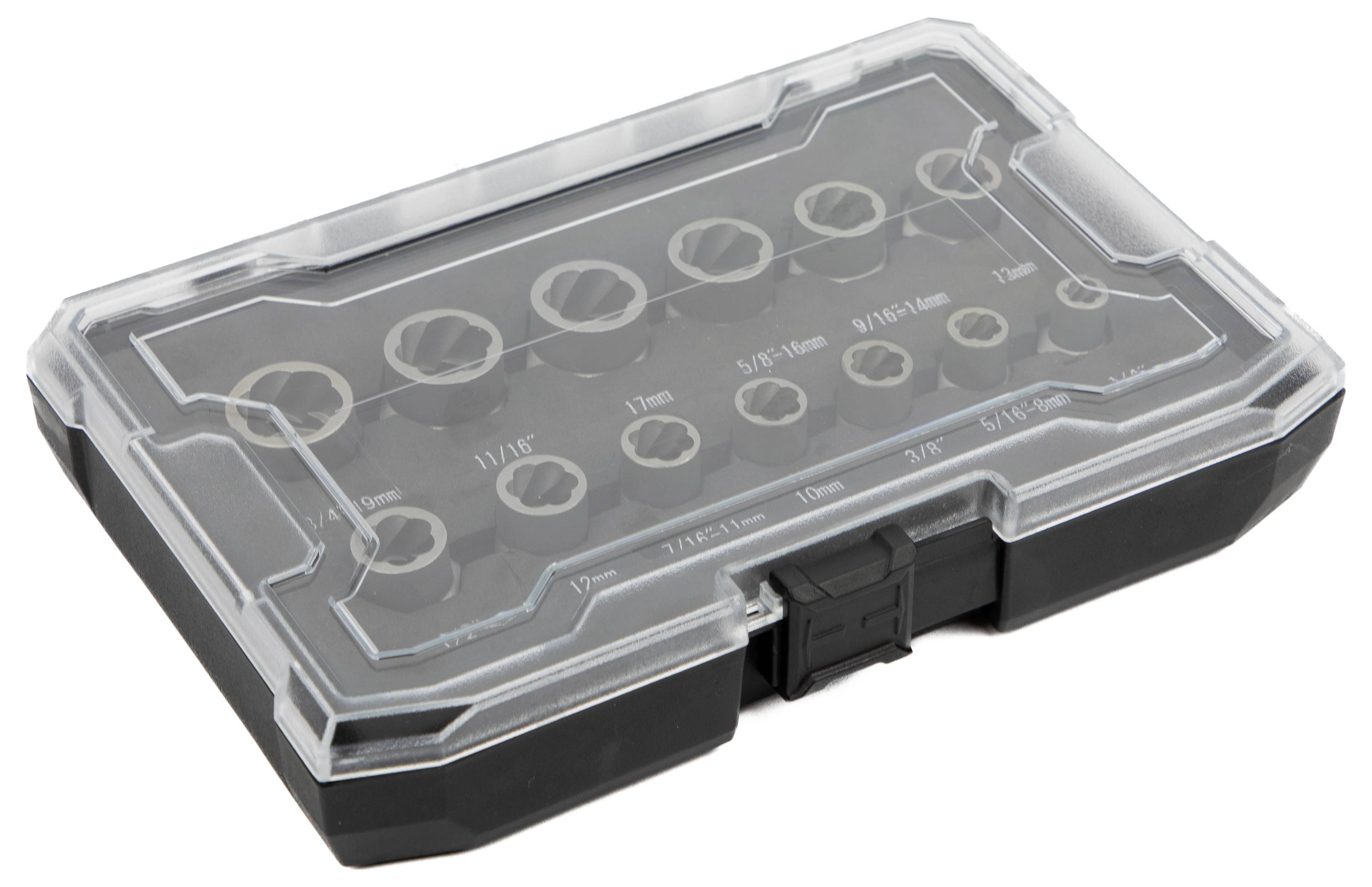 'Un astuccio di plastica trasparente contenente una serie di bussole di varie dimensioni, con misure indicate sul coperchio.'