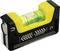 Un piccolo livello spiritato giallo e nero con un lato magnetico, dotato di un tubo riempito di liquido verde con una bolla per garantire superfici perfettamente in piano.