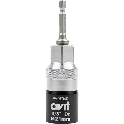 Un adattatore per presa argento e nero con scritta "AV07040, 3/8" Dr, 9-21mm." Adatto per varie dimensioni e tipi di presa.