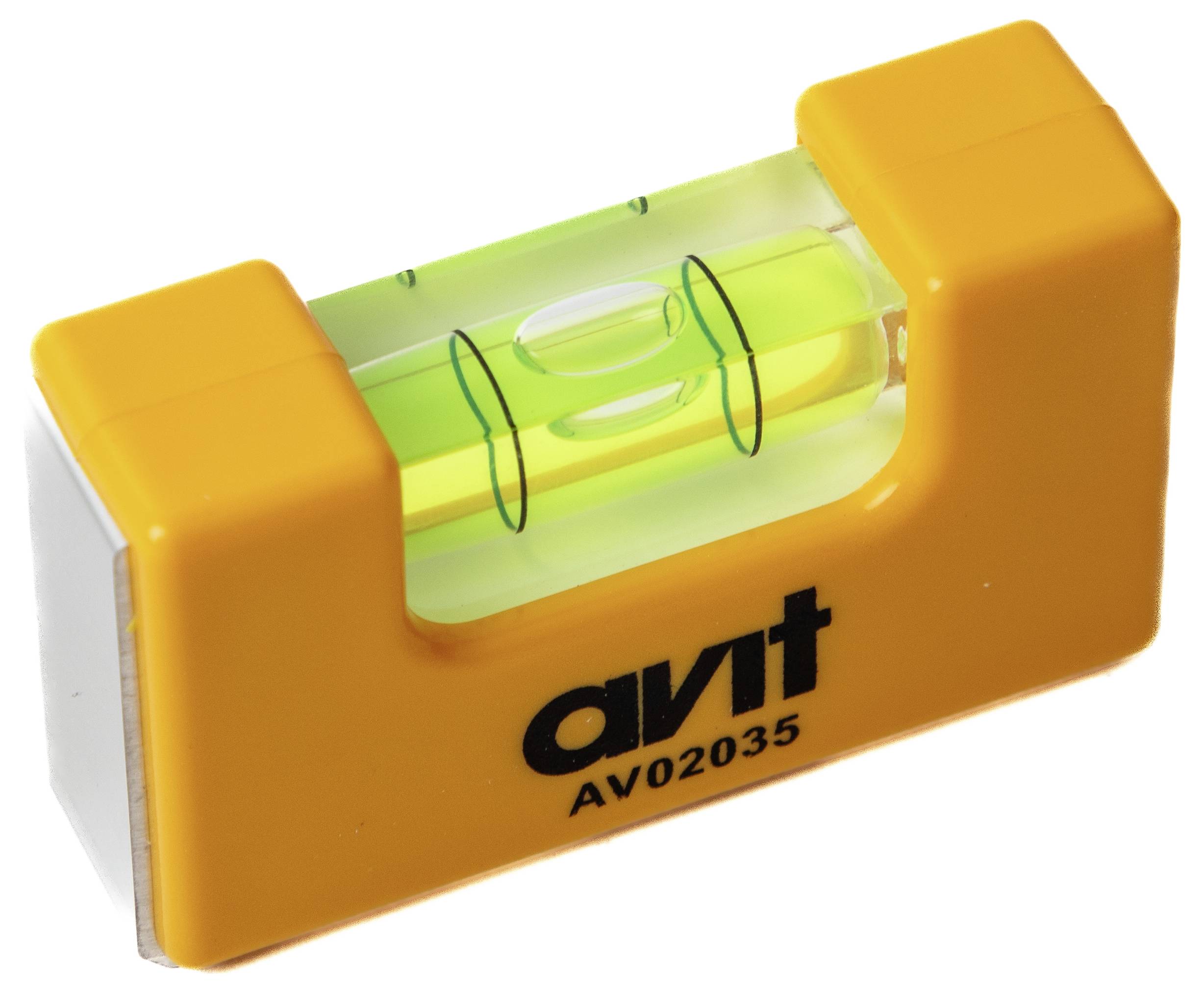 Un livella a spirito gialla con un tubo trasparente e liquido verde, utilizzata per verificare l'allineamento orizzontale.