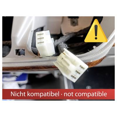 Primo piano di due connettori elettrici non abbinati con un'icona di avvertimento e il testo "Nicht kompatibel · not compatible" su un banner rosso.