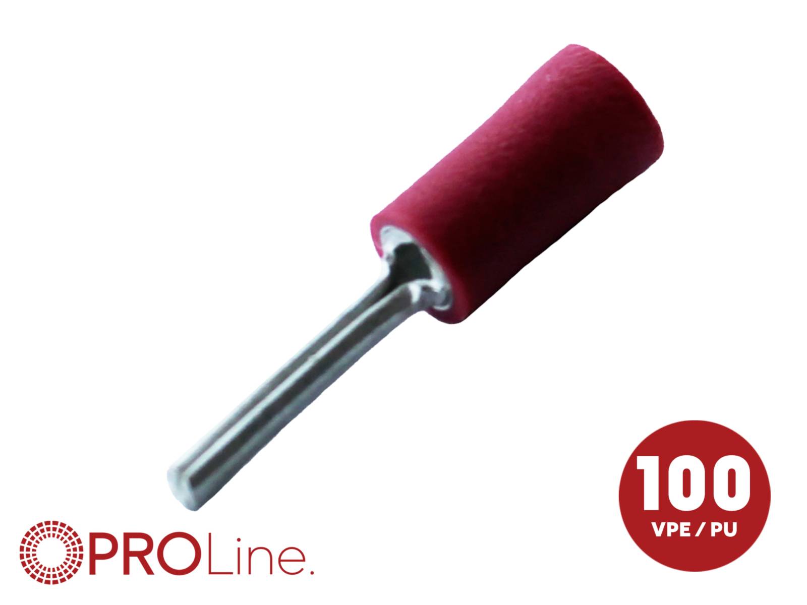 Capicorda isolato rosso con tubo metallico, etichettato 'PROLine' e '100 VPE / PU' su sfondo bianco.