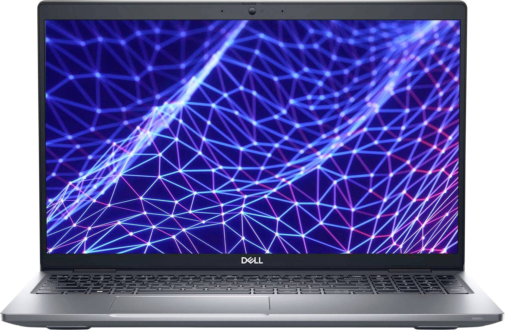 Un laptop che mostra una vibrante rete digitale di linee luminose interconnesse sullo schermo, con il logo Dell sulla cornice inferiore.