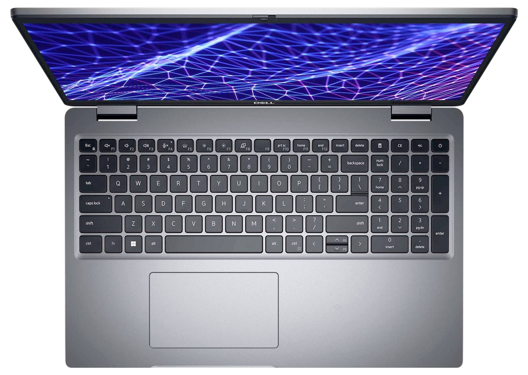 Un laptop argento visto dall'alto, aperto a un angolo di 90 gradi, con un motivo geometrico blu e rosa sullo schermo e una tastiera sottostante.