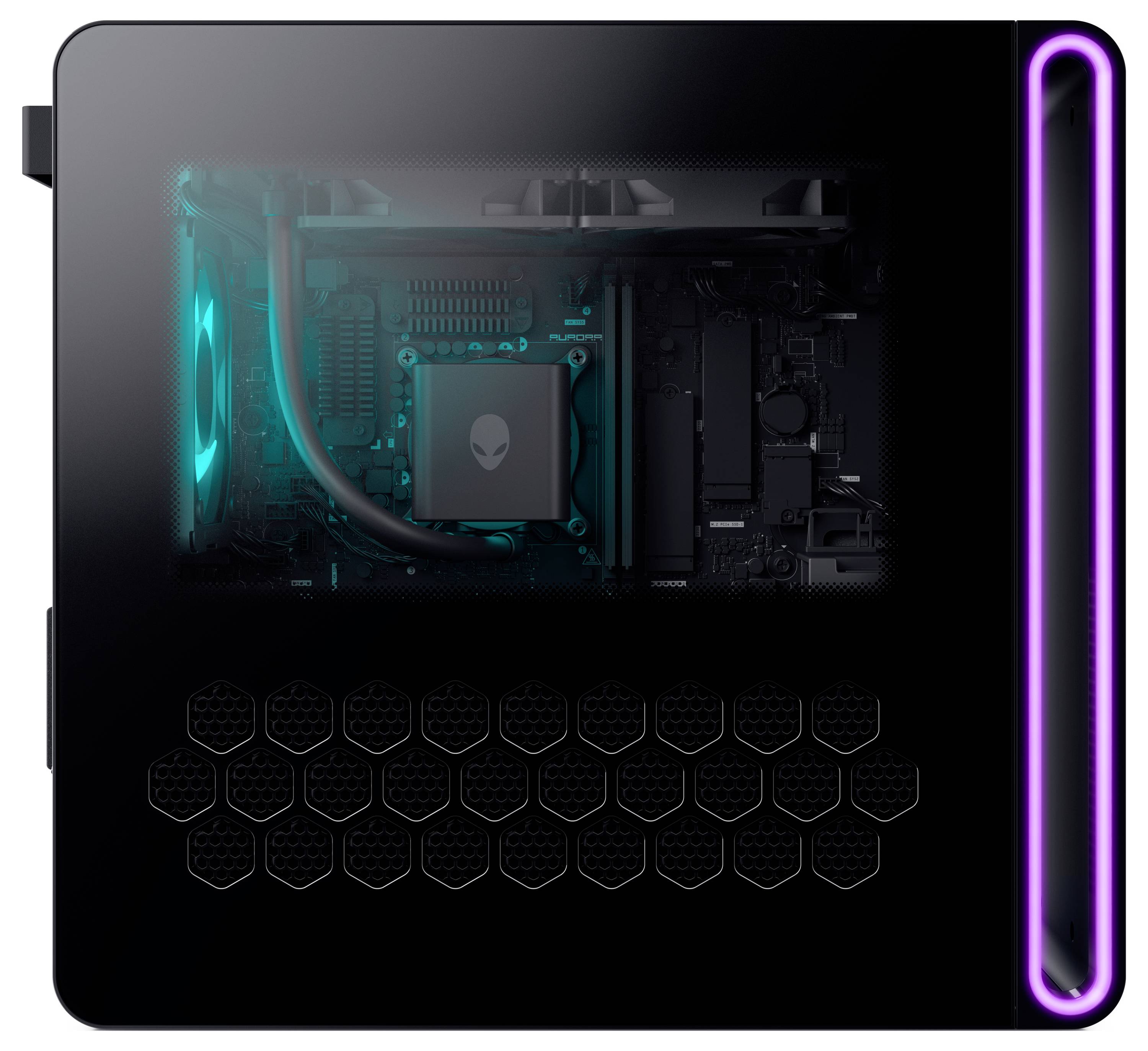 Una vista laterale trasparente di un case per computer gaming con componenti interni visibili, evidenziati da illuminazione LED blu e viola.