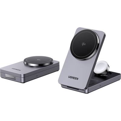 Un supporto e un pad di ricarica wireless UGREEN sono esposti. Entrambi presentano design eleganti e minimalisti con superfici di ricarica circolari.