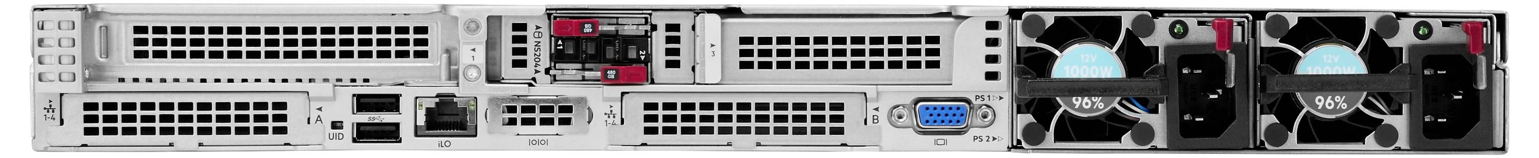 'Vista posteriore di uno chassis server che mostra diverse griglie di ventilazione, unità di alimentazione sulla destra e vari connettori e interruttori sulla sinistra.'