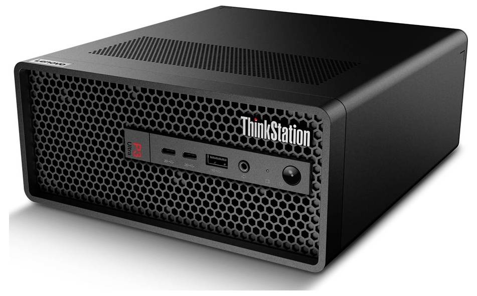 Un computer desktop Lenovo ThinkStation nero con pannello anteriore traforato che mostra le porte USB e il logo del marchio.