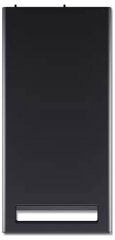 Un elegante dispositivo rettangolare nero con una piccola fessura vicino al fondo, probabilmente una batteria o un componente tecnologico.