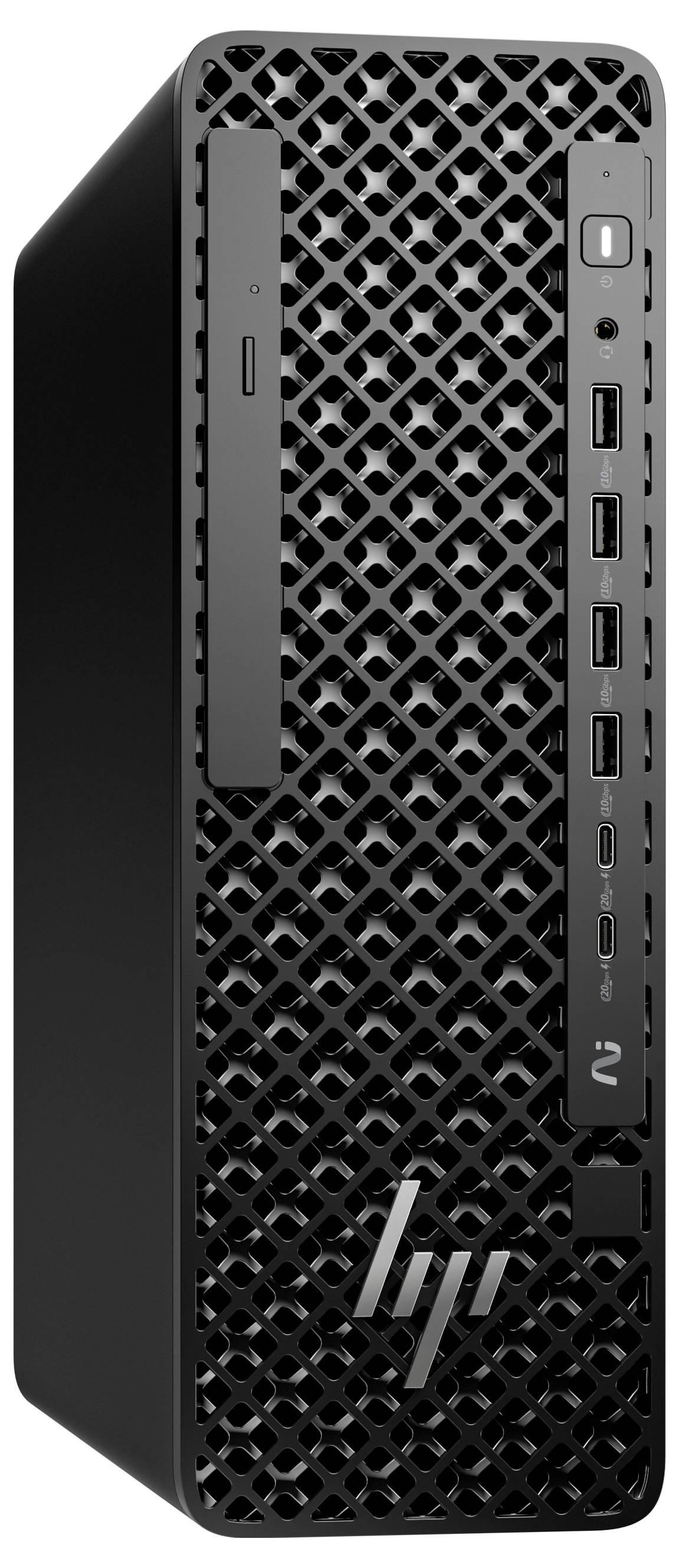 Una torre di un computer desktop nera con un pannello frontale in mesh moderno, porte visibili tra cui USB e HDMI. Il logo HP è visualizzato nella parte inferiore.