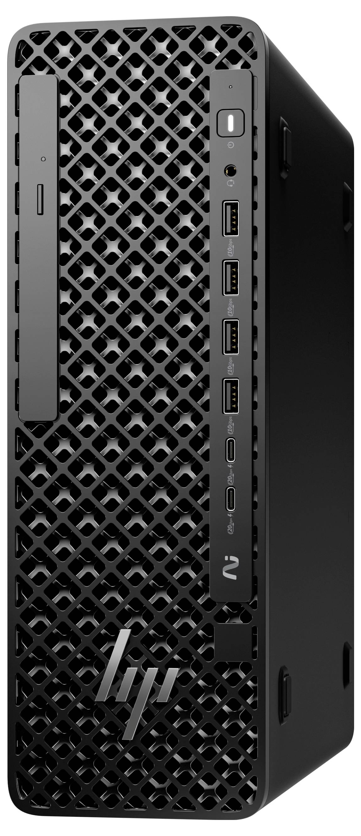 Vista posteriore di una torre per computer che mostra griglie di ventilazione, porte per USB e audio, e slot per schede aggiuntive e connessioni.