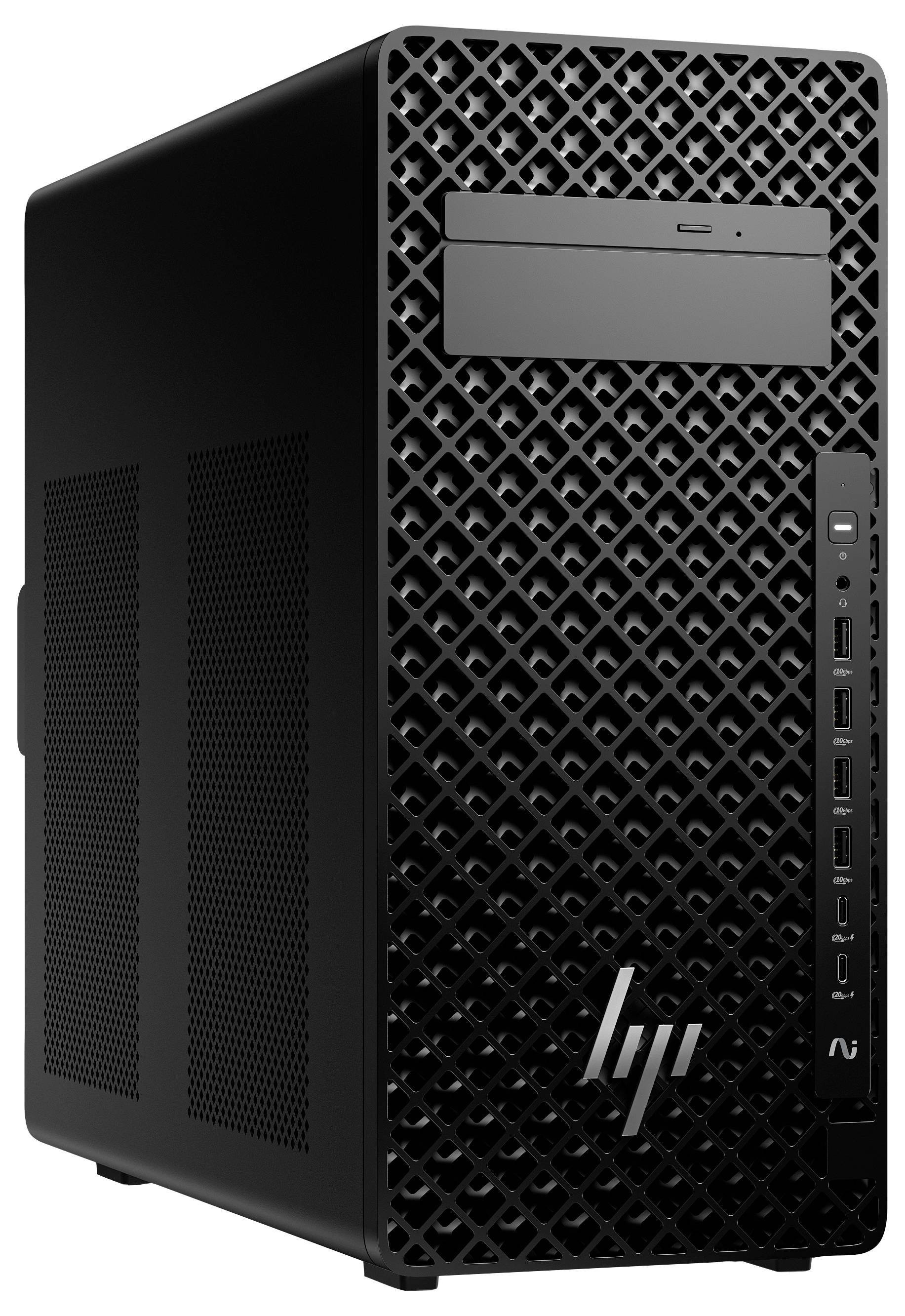 Una torre per desktop nera con un fronte a motivo a griglia, con vari ingressi e un pulsante di accensione sul lato destro.