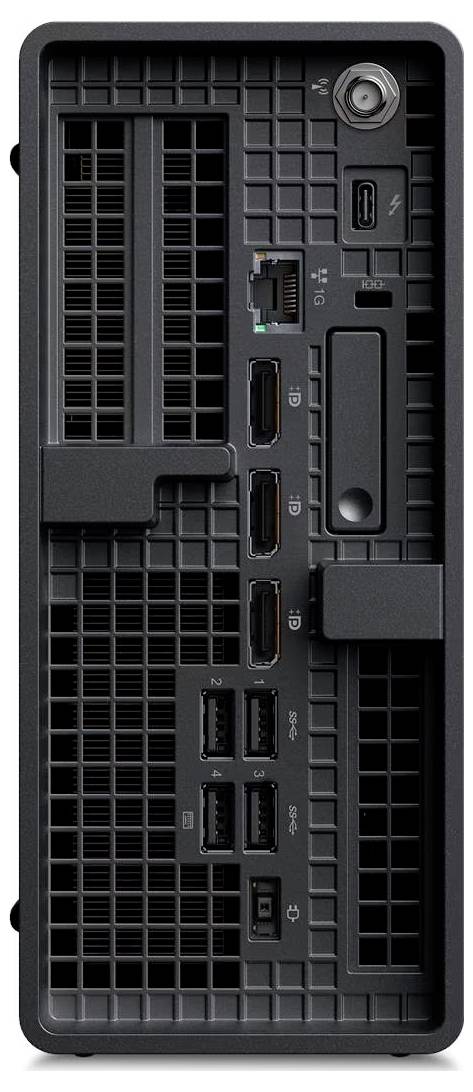 L'immagine mostra il retro di una torre per computer con varie porte, incluse USB, HDMI e Ethernet, per la connettività e l'uso di periferiche.